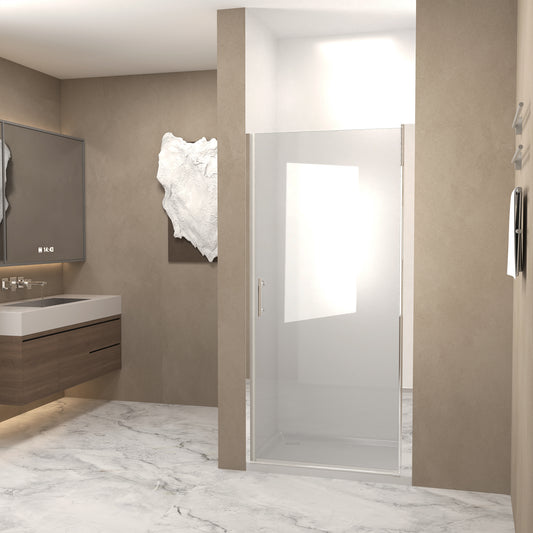 Modern bathroom interior with a shower enclosure, vanity, and decorative wall art.