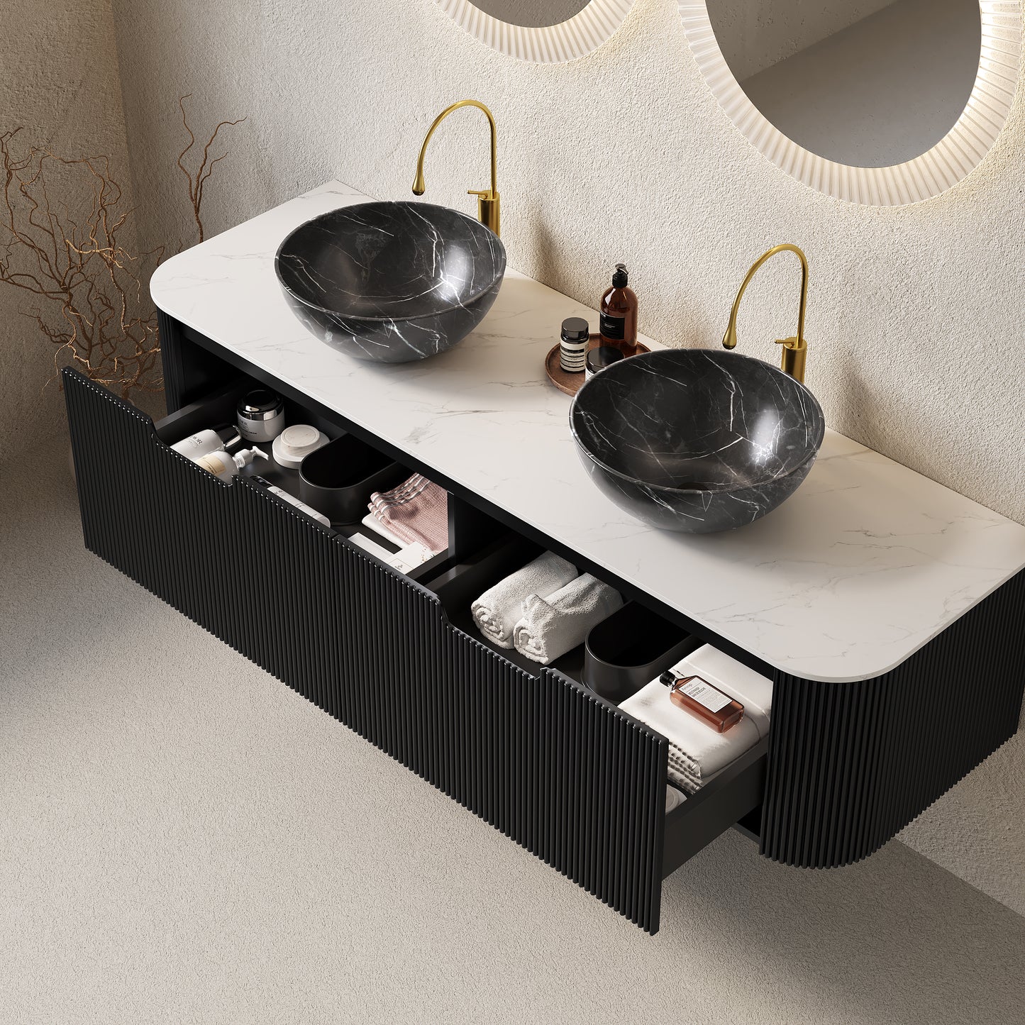 60" Bathroom Vanity with 2 Drawers and Black Bowl Ceramic Basins