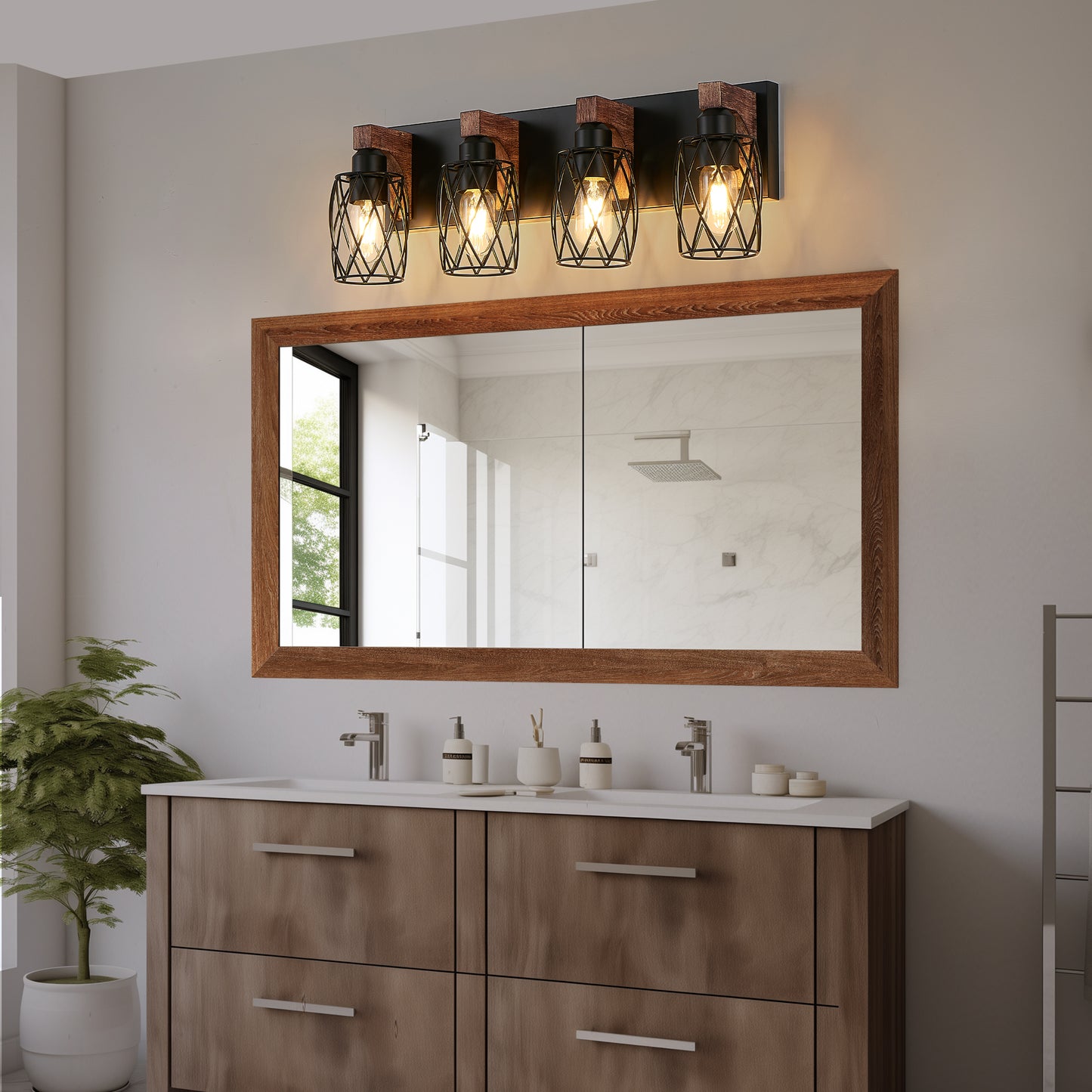 4-Light Black and Walnut Vanity Light - Farmhouse Rustic Bathroom Wall Sconce with Metal Cage Shades, E26 Base, Hardwired, No Bulbs
