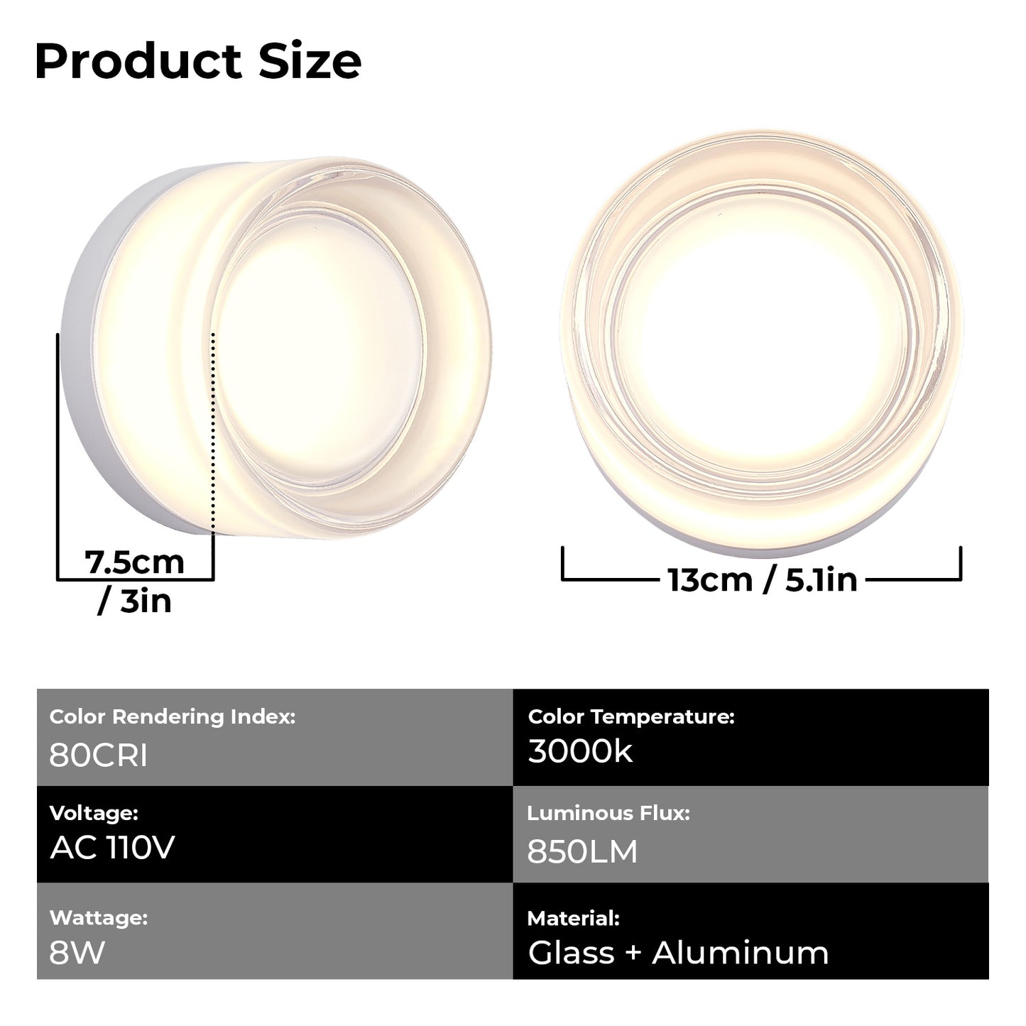 Modern White Round Glass LED Wall Sconce, 8W Warm White Wall Light for Living Room, Bedroom, Hallway & Bathroom