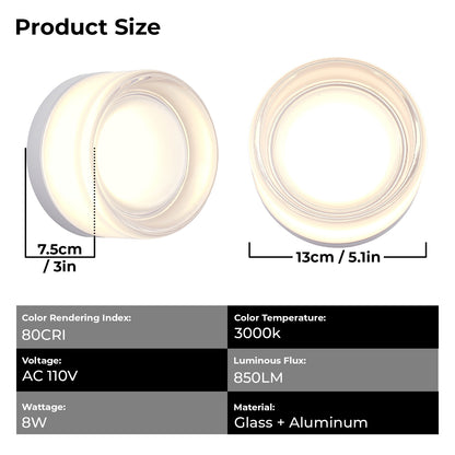 Modern White Round Glass LED Wall Sconce, 8W Warm White Wall Light for Living Room, Bedroom, Hallway & Bathroom