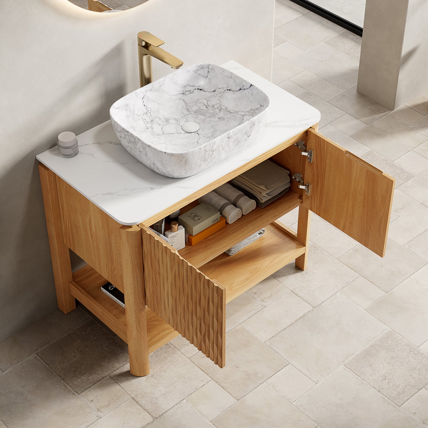 36" Bathroom Vanity & Sink  Freestanding Plywood Bathroom Storage Cabinet with 2 Bamboo Texture Doors & Open Shelf