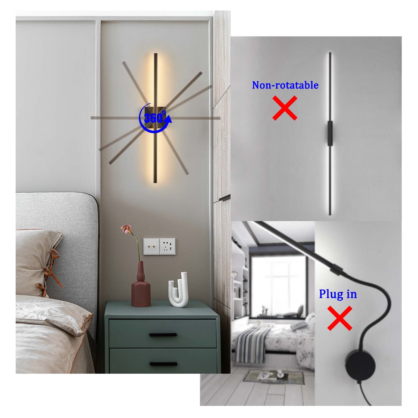 Matte Black LED Wall Sconce Set of 2 - Dimmable with Remote, 12W Hardwired Indoor Lights for Bedroom Hallway Living Room