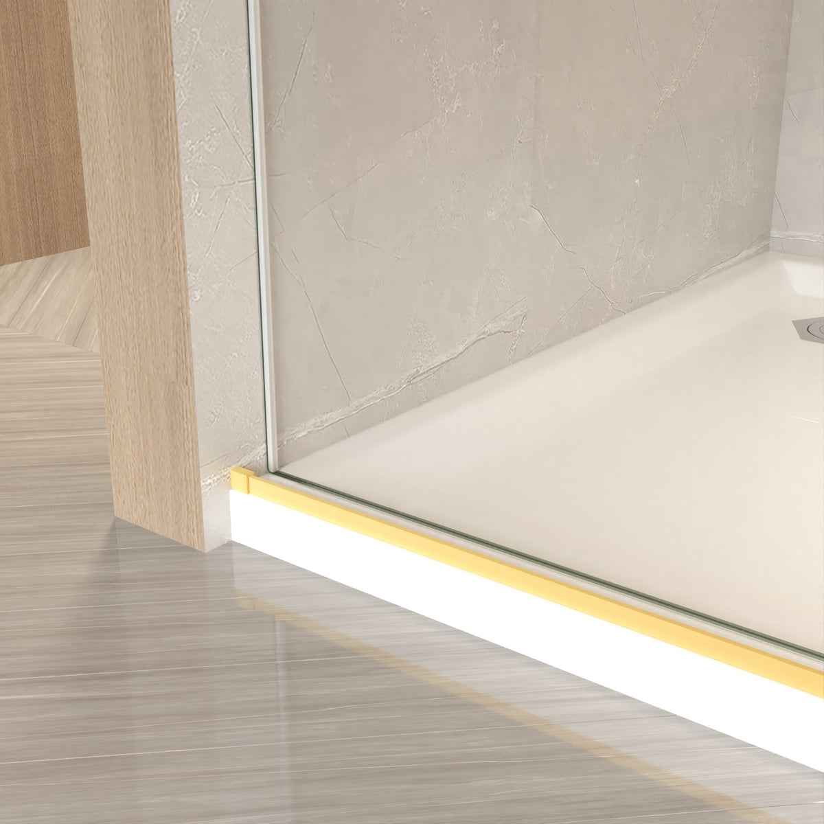 brushed gold handle bar on a barn style shower door