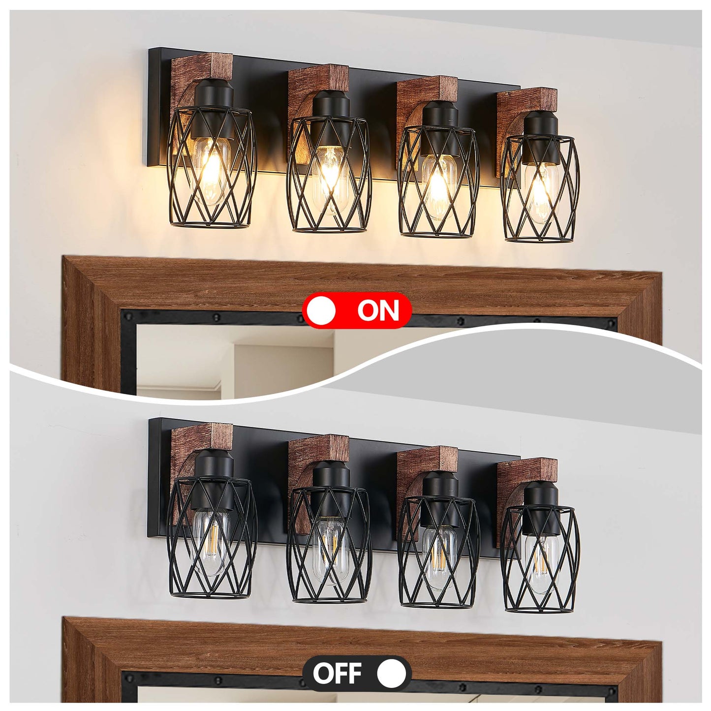 4-Light Black and Walnut Vanity Light - Farmhouse Rustic Bathroom Wall Sconce with Metal Cage Shades, E26 Base, Hardwired, No Bulbs