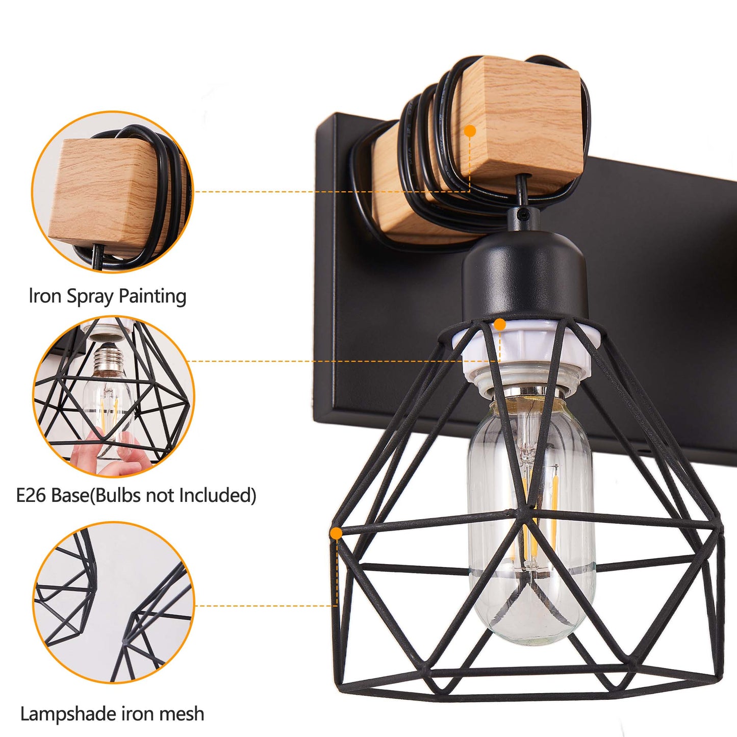 5-Light Black Vanity Light with Wood Accents - Farmhouse Metal Cage Bathroom Wall Sconce, E26 Base, Hardwired, No Bulbs