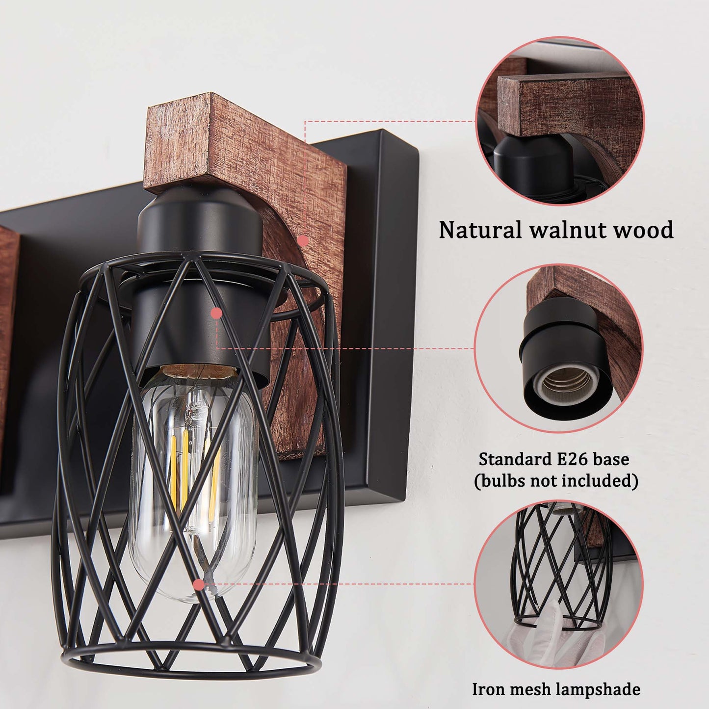 4-Light Black and Walnut Vanity Light - Farmhouse Rustic Bathroom Wall Sconce with Metal Cage Shades, E26 Base, Hardwired, No Bulbs