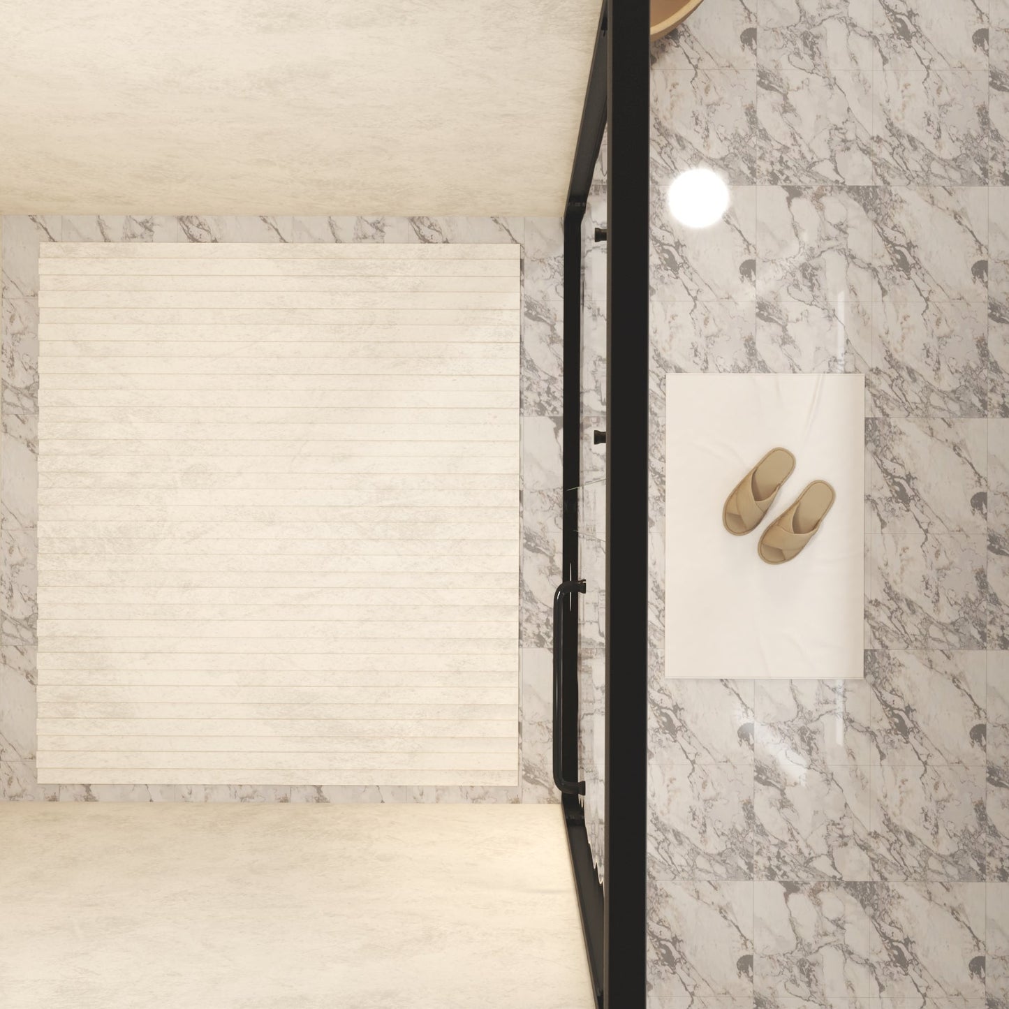 Marble bathroom floor with a shower area and slippers on a towel.