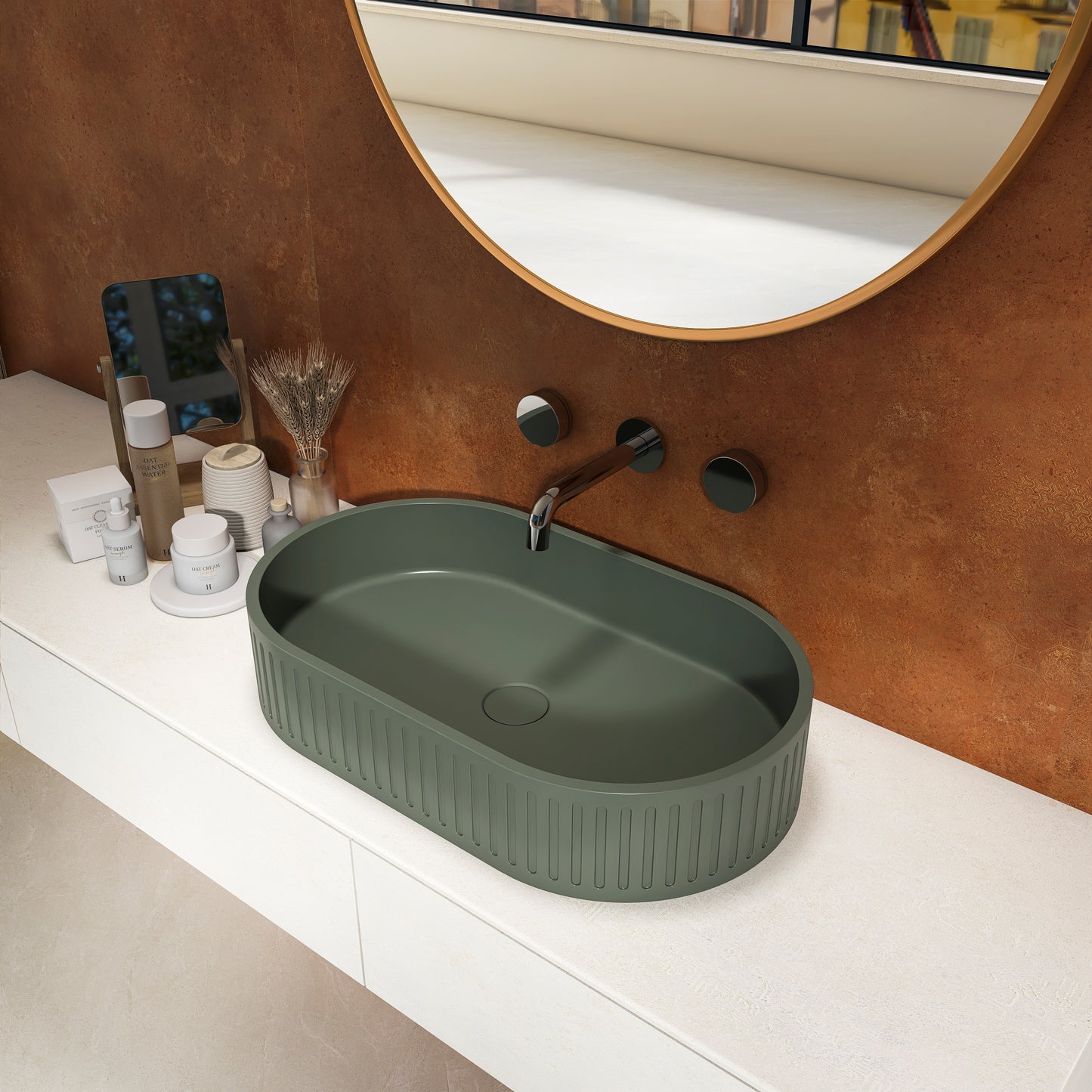 23.6'' Concrete Vessel Oval Modern Dark Green Bathroom Sink