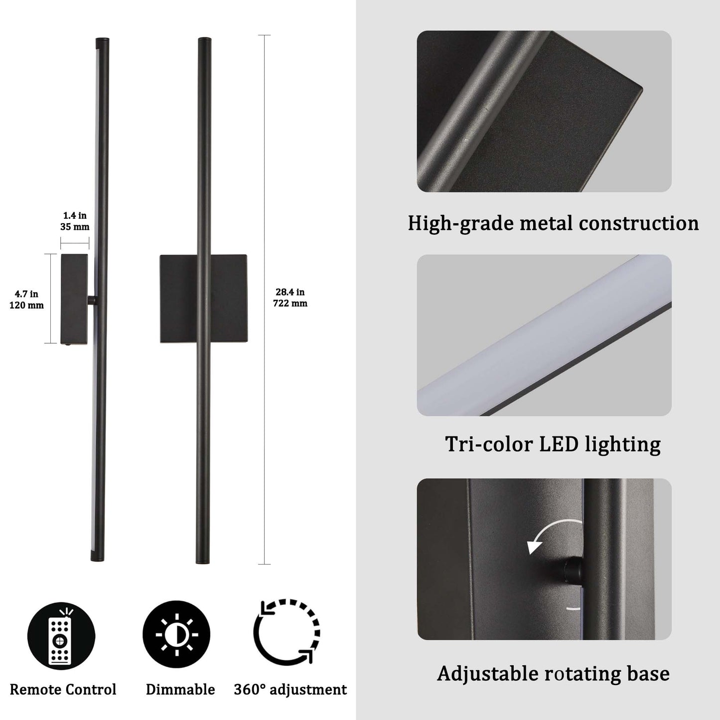 Matte Black LED Wall Sconce Set of 2 - Dimmable with Remote, 12W Hardwired Indoor Lights for Bedroom Hallway Living Room
