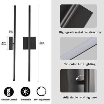 Matte Black LED Wall Sconce Set of 2 - Dimmable with Remote, 12W Hardwired Indoor Lights for Bedroom Hallway Living Room