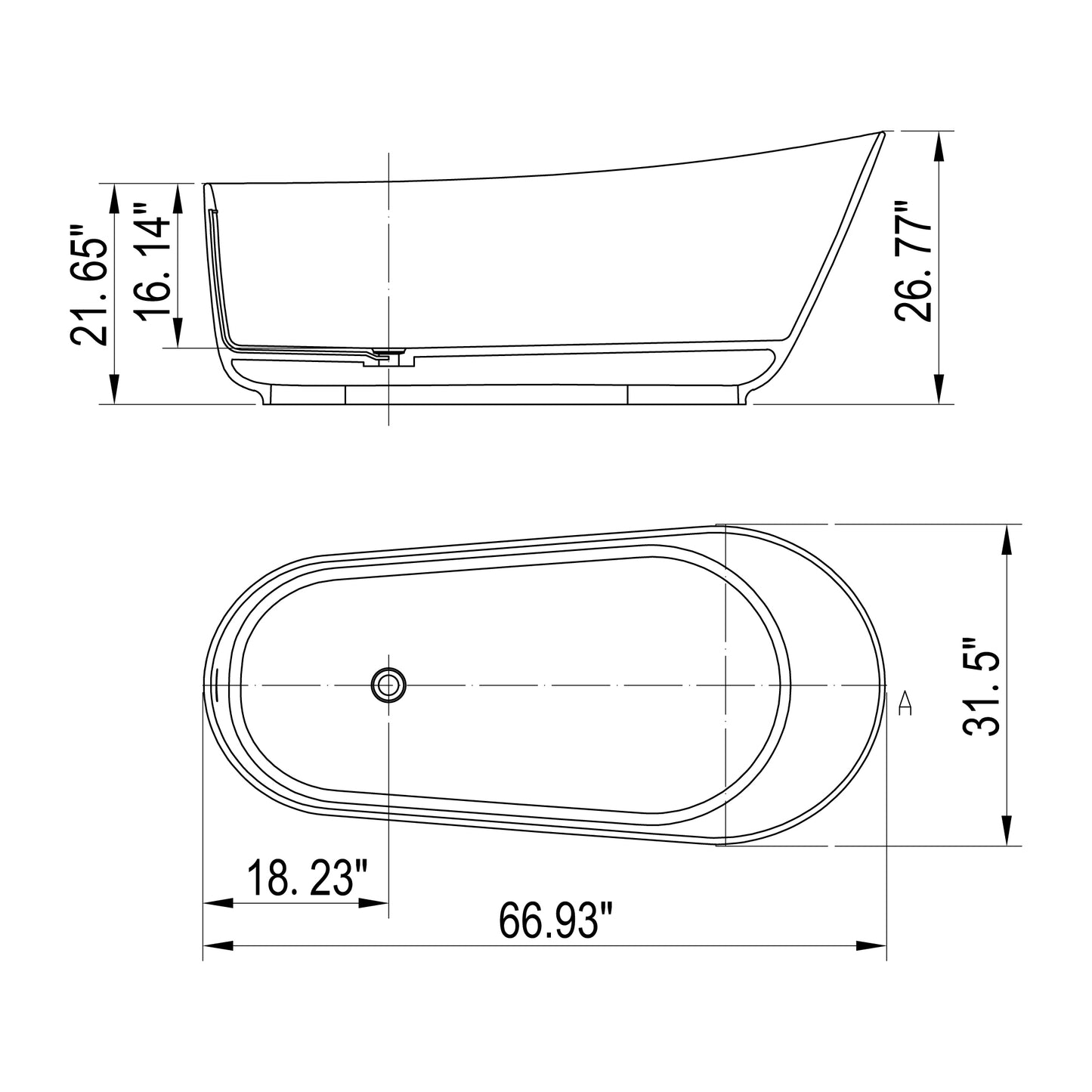 67" Solid Surface & Stone Resin Oval Soaking Bathtub with Overflow Drain for the Bathroom