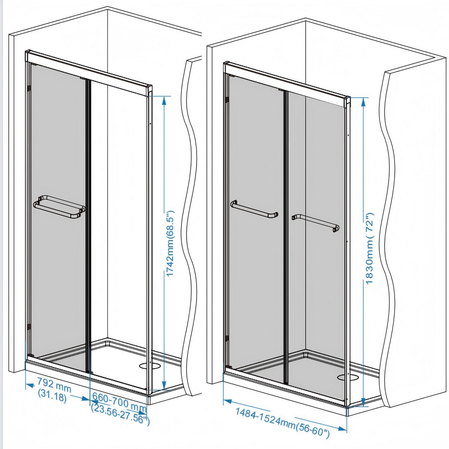 72" H Aluminum Frame Double Sliding Shower Door with 1/4" Clear Tempered Glass