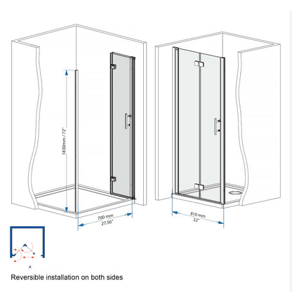 72" H Bifold Shower Door With 1/4" Clear Tempered Glass
