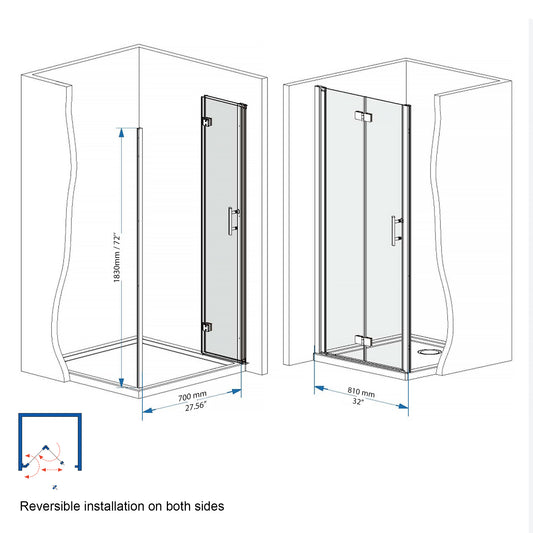 72" H Bifold Shower Door With 1/4" Clear Tempered Glass