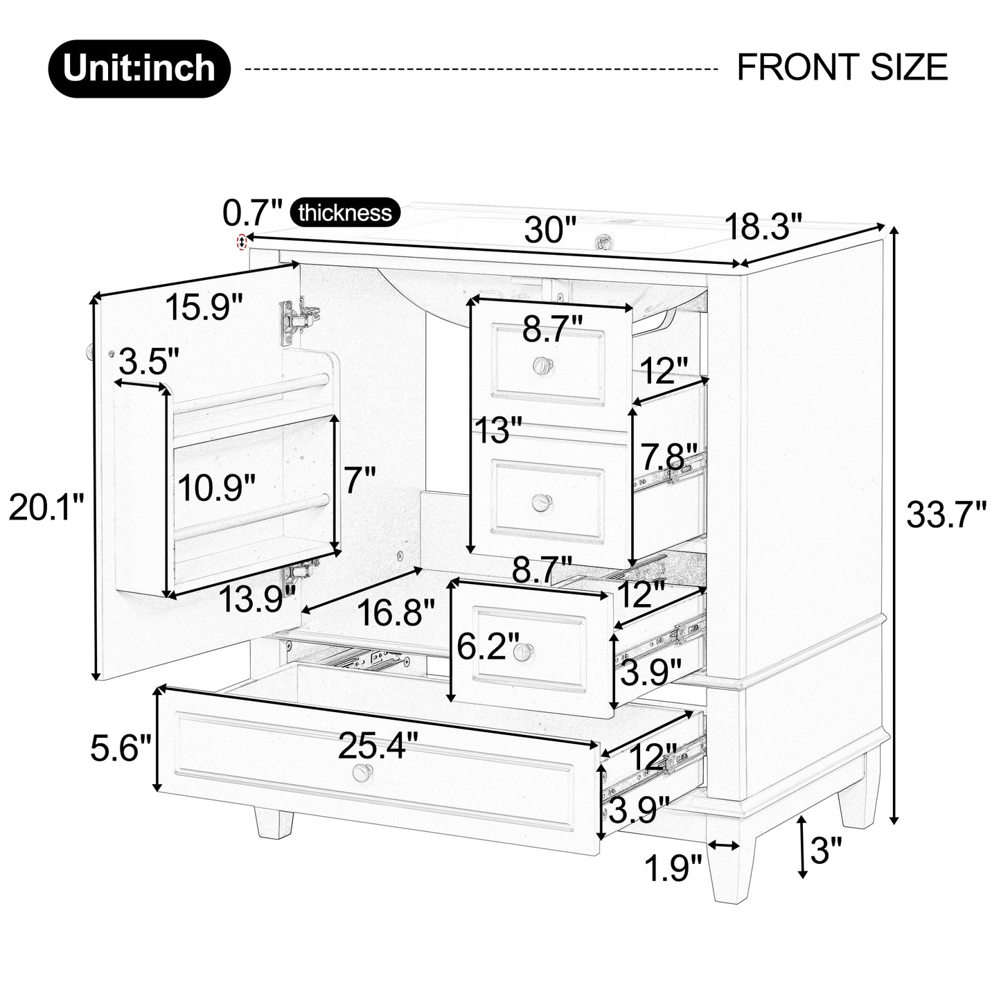 30" Bathroom Vanity with Sink with Shelf and Three Drawers