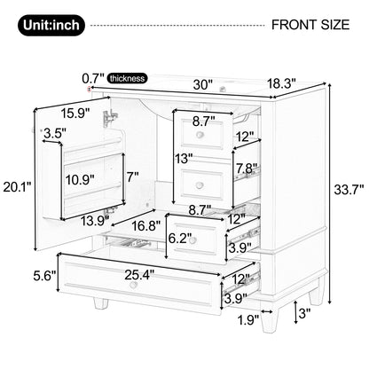 30" Bathroom Vanity with Sink with Shelf and Three Drawers
