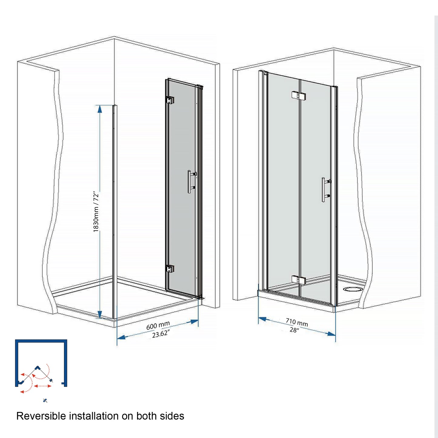 72" H Bifold Shower Door With 1/4" Clear Tempered Glass