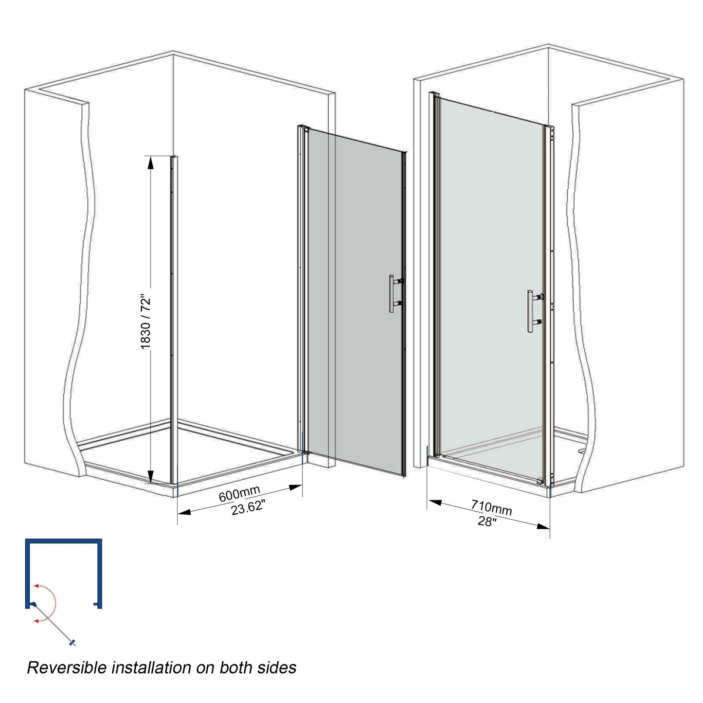 28"W x 72"H Pivot Shower Door
