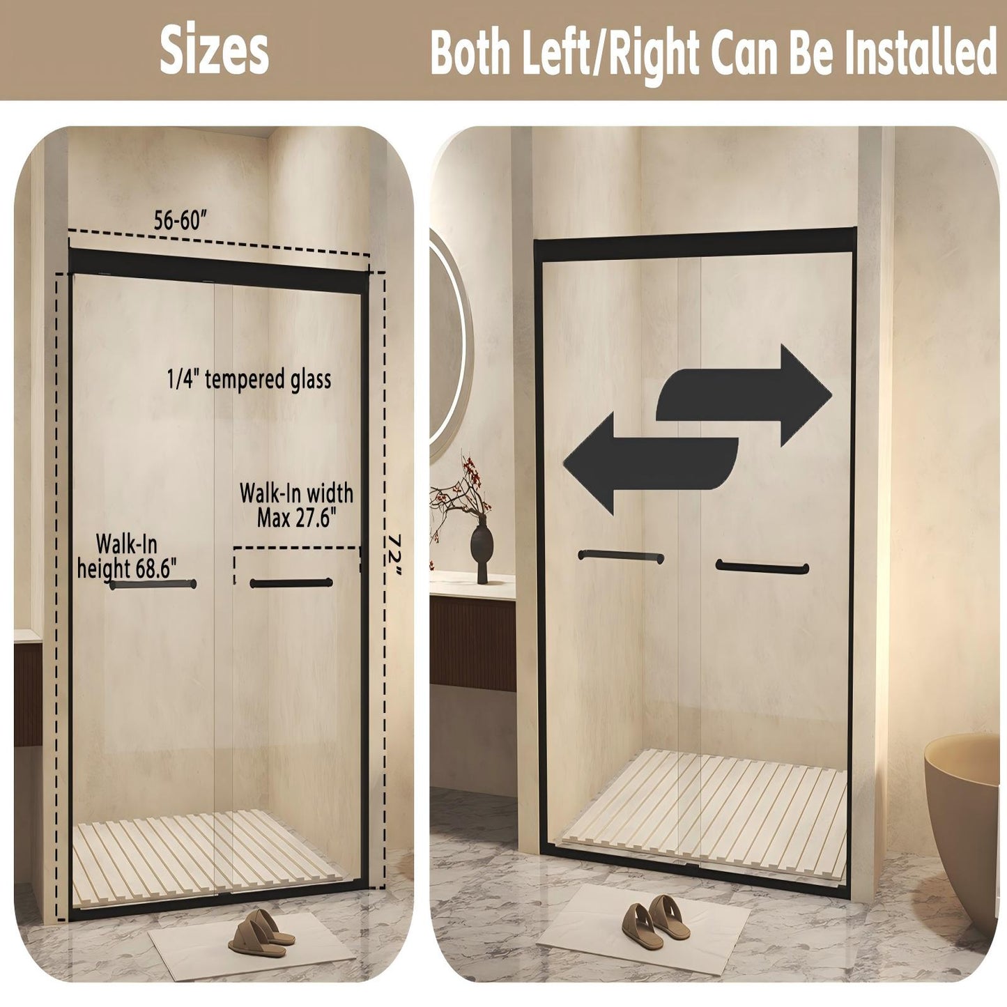 72" H Aluminum Frame Double Sliding Shower Door with 1/4" Clear Tempered Glass