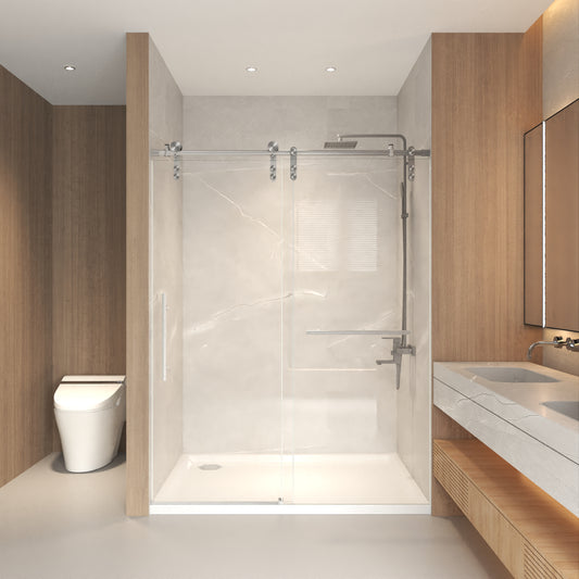 frameless barn style sliding shower door with brushed nickel hardware and 8mm SGCC tempered glass