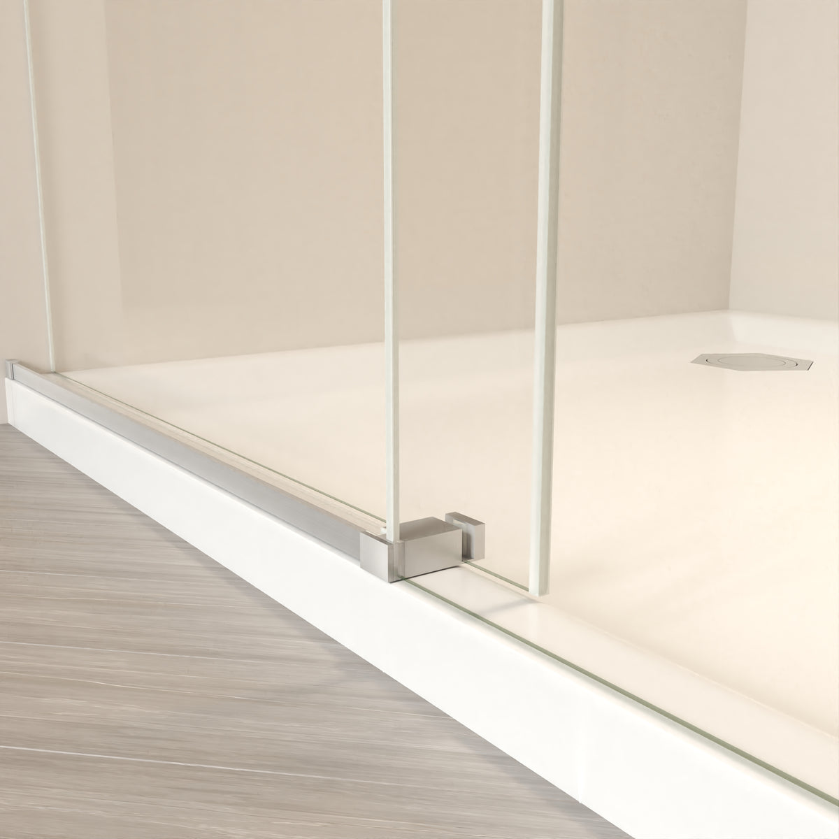 clear tempered glass shower door panel with brushed nickel handle