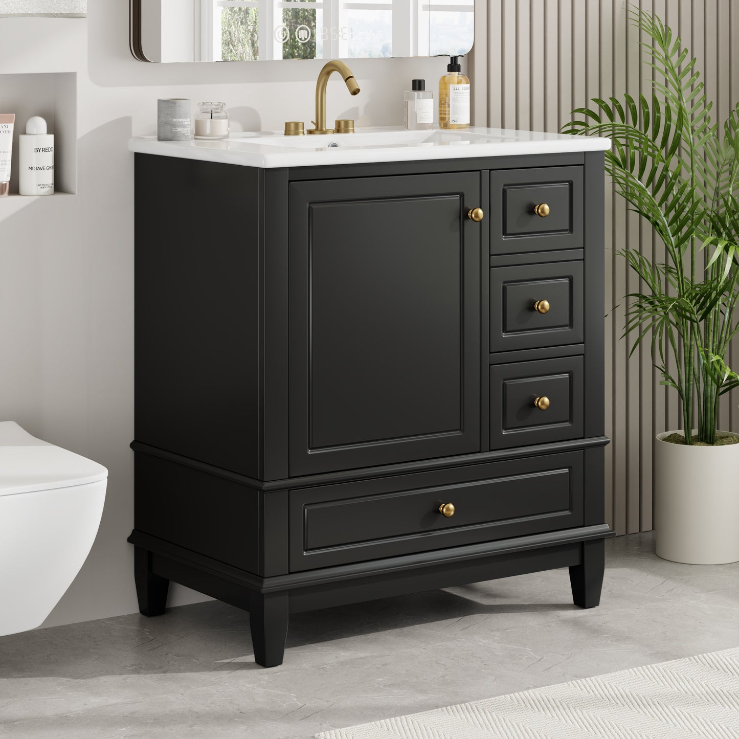 30" Bathroom Vanity with Sink with Shelf and Three Drawers