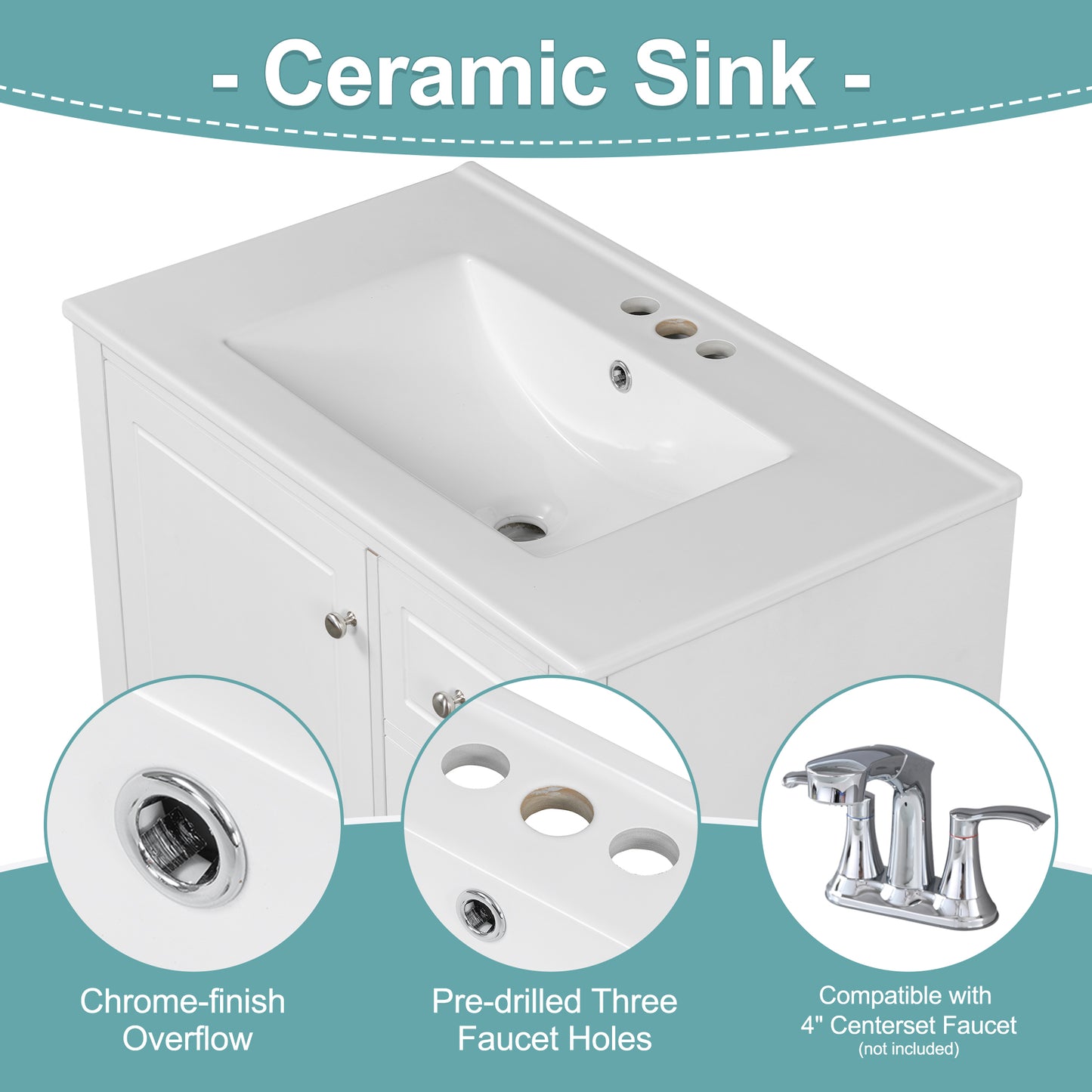 30" Bathroom Vanity with Sink with Shelf and Three Drawers