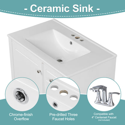 30" Bathroom Vanity with Sink with Shelf and Three Drawers