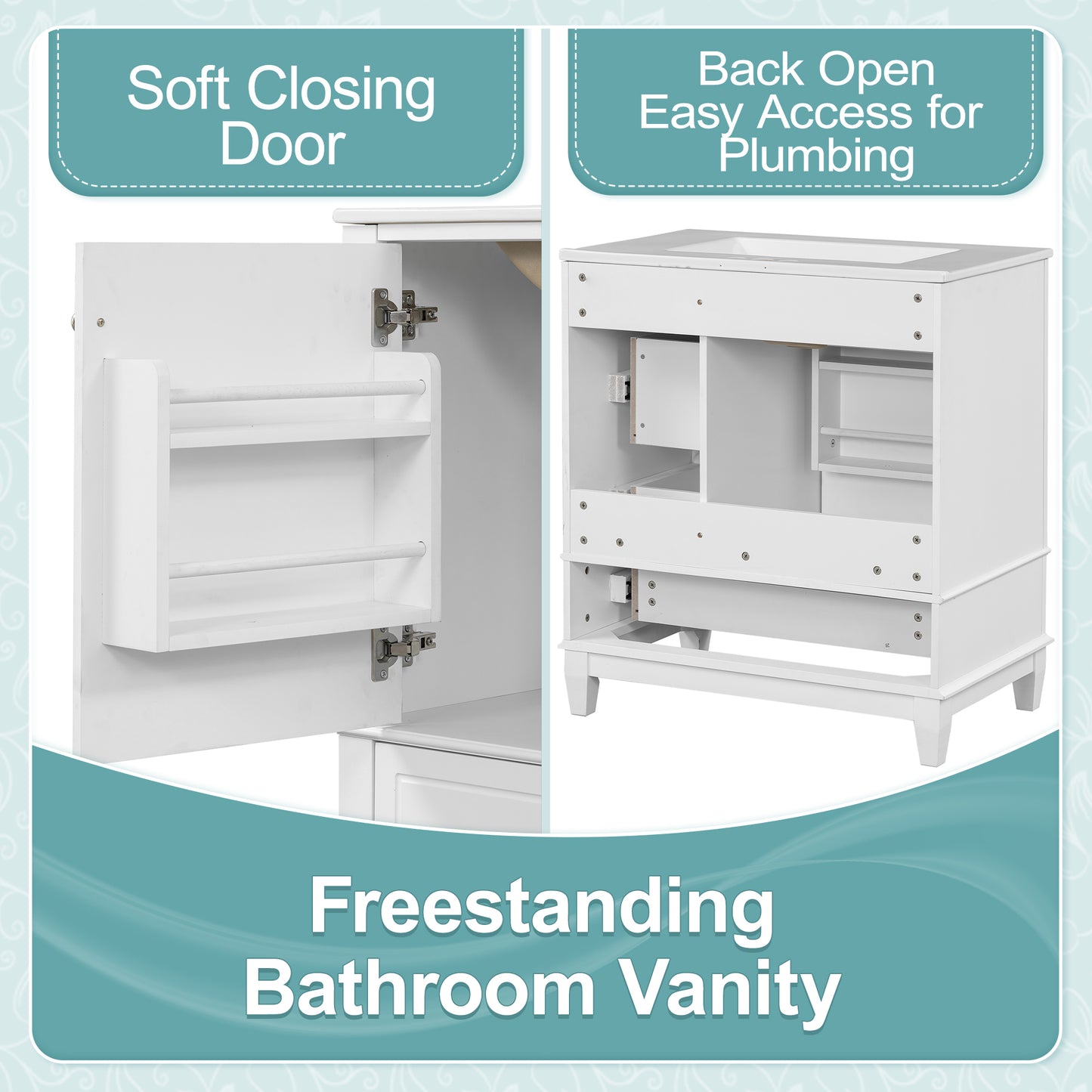 30" Bathroom Vanity with Sink with Shelf and Three Drawers