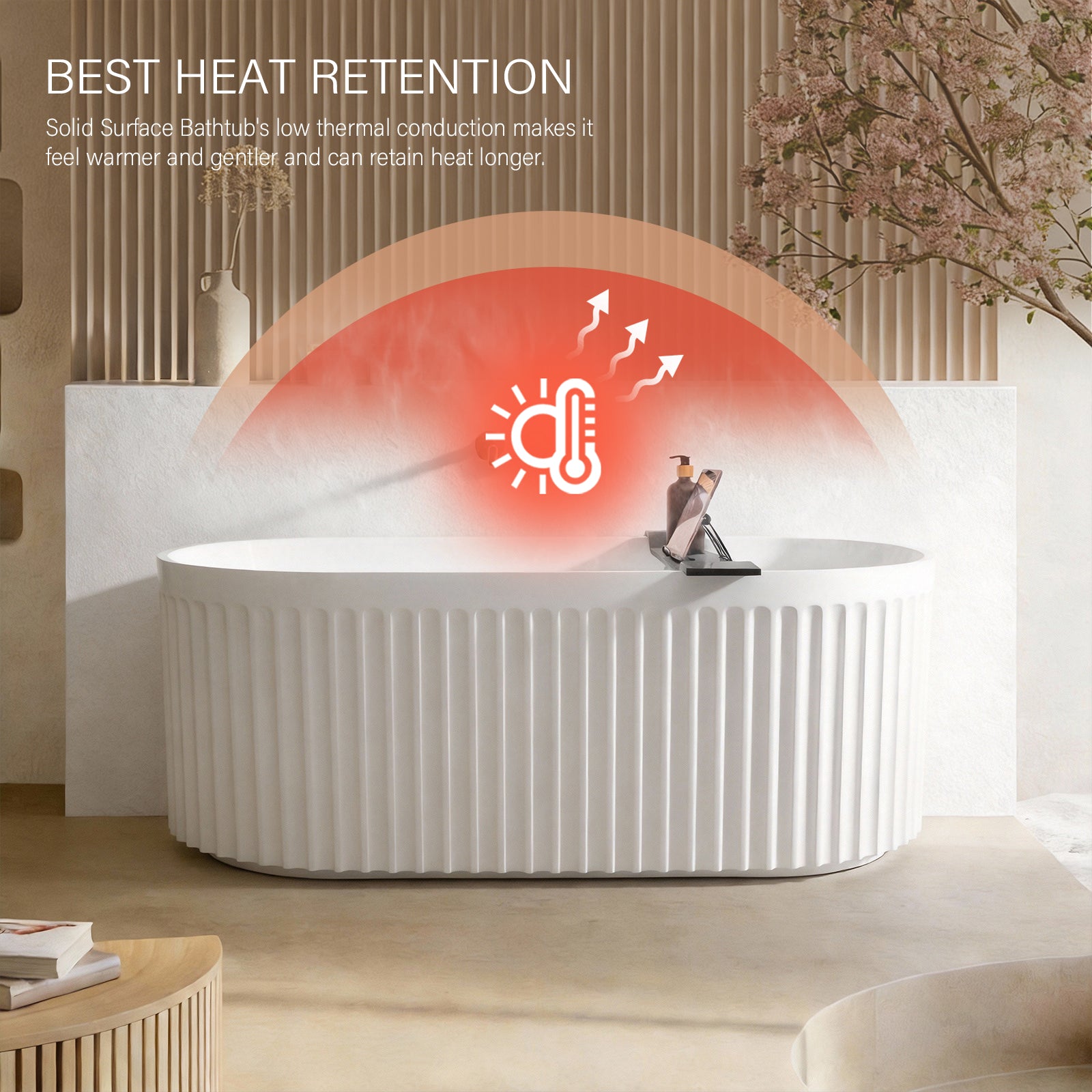 White bathtub with thermal retention feature illustration in a modern bathroom setting