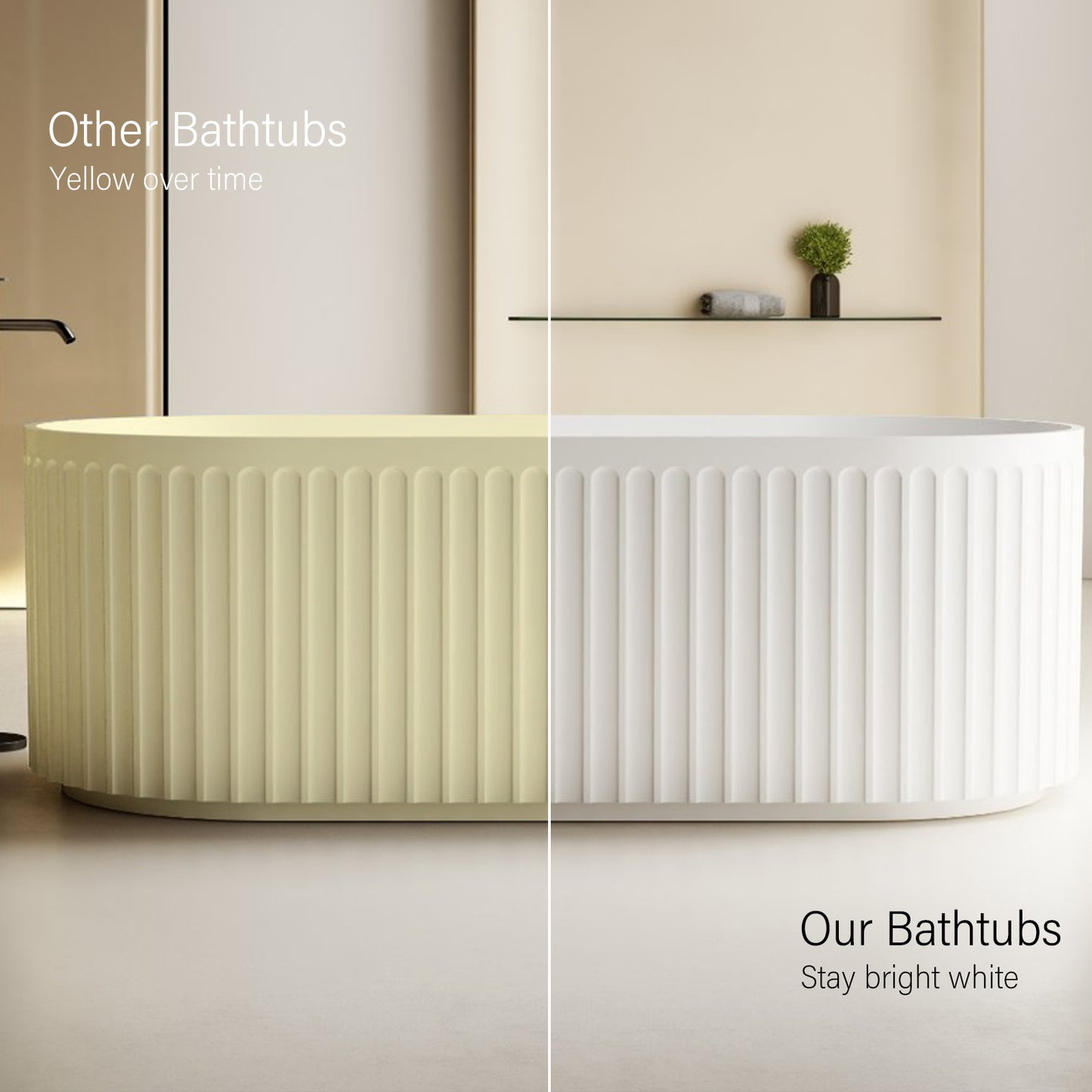 Two bathtubs, one yellow and one white, with text comparing 'Other Bathtubs' to 'Our Bathtubs'.