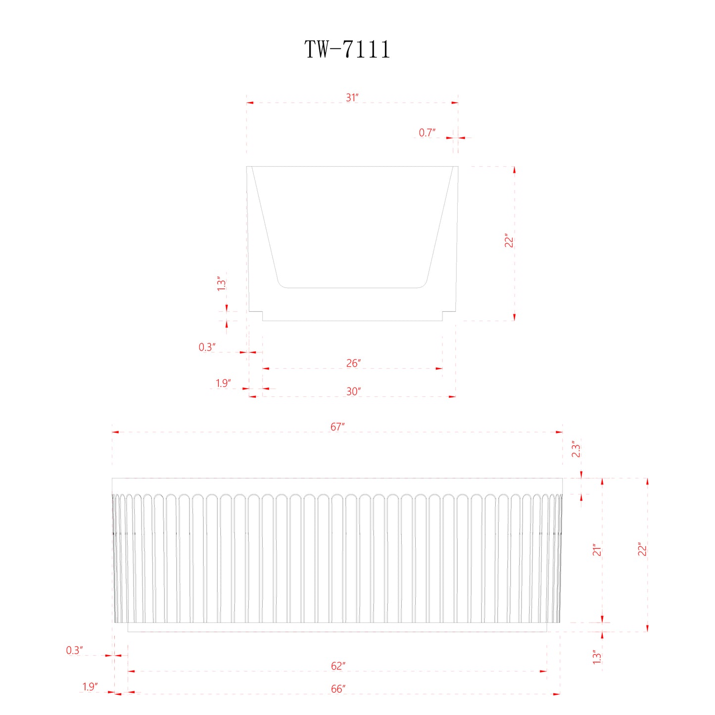 67" Modern Fluted Freestanding Acrylic Bathtub