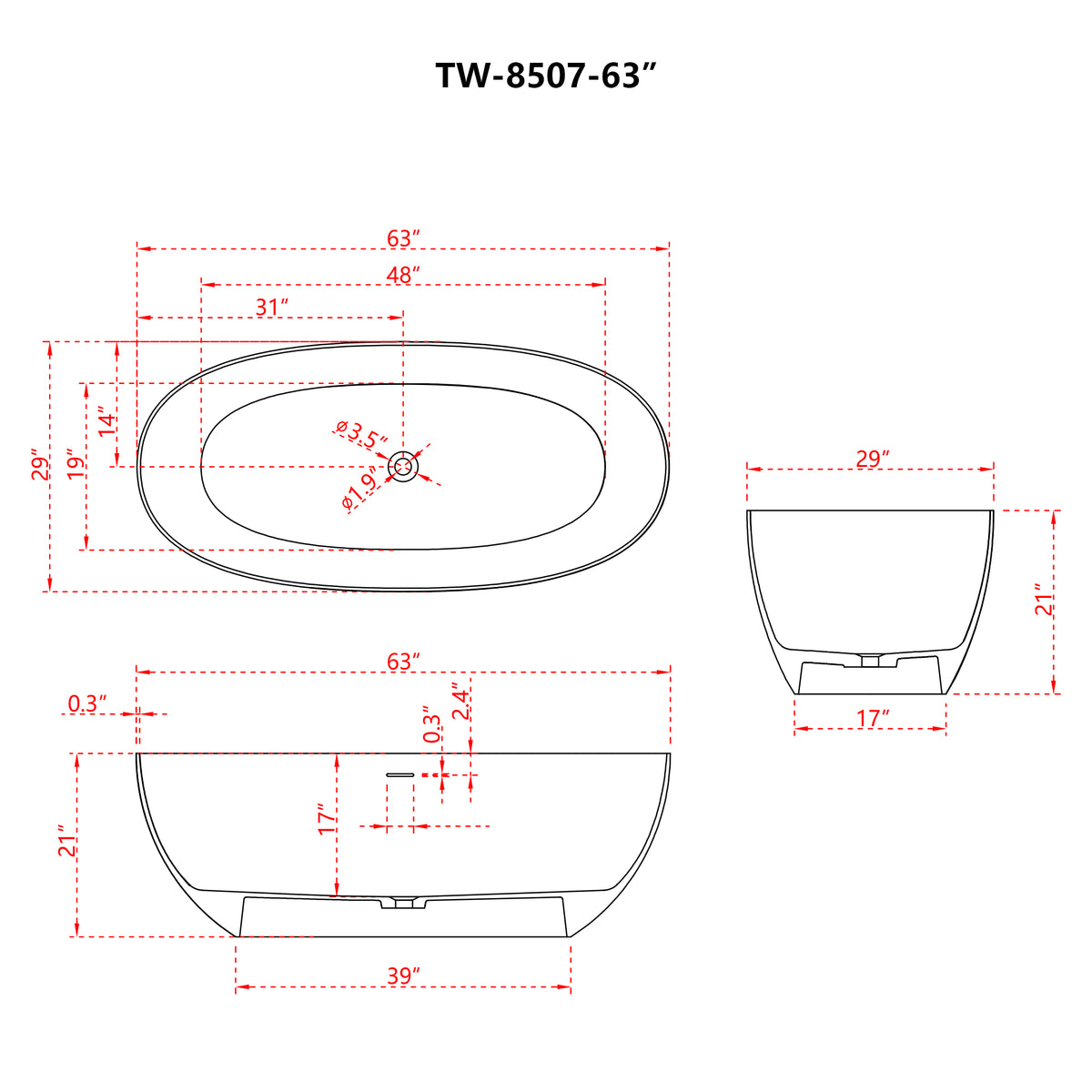 Freestanding Soaking Solid Surface Bathtub in White