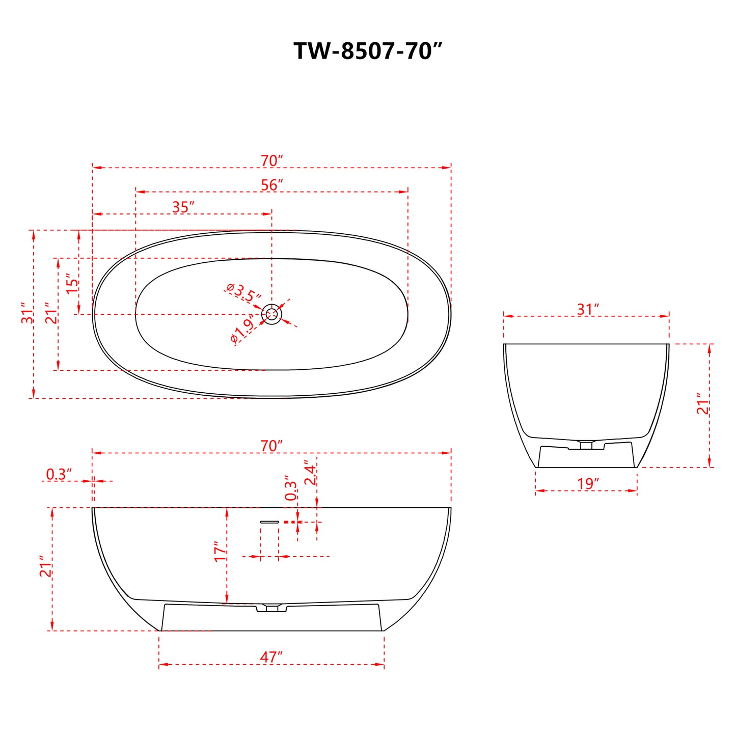 Freestanding Soaking Solid Surface Bathtub in White