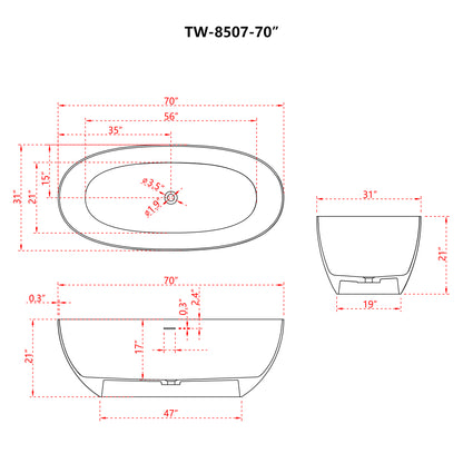 Freestanding Soaking Solid Surface Bathtub in White