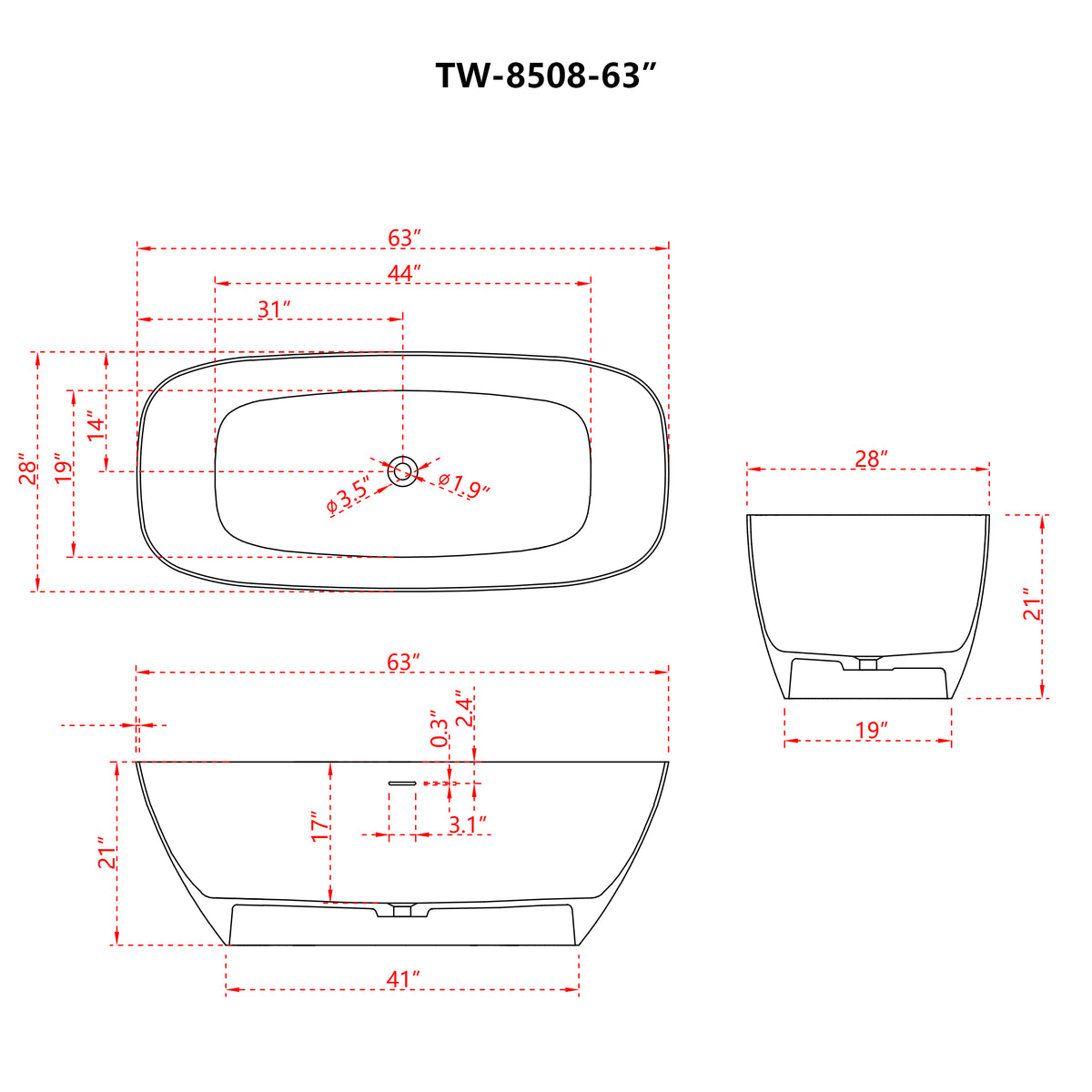 63'' x 30''Freestanding Soaking Solid Surface Bathtub in White  Double Bathtub
