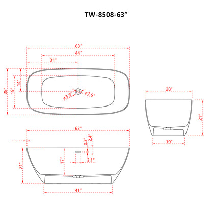63'' x 30''Freestanding Soaking Solid Surface Bathtub in White  Double Bathtub
