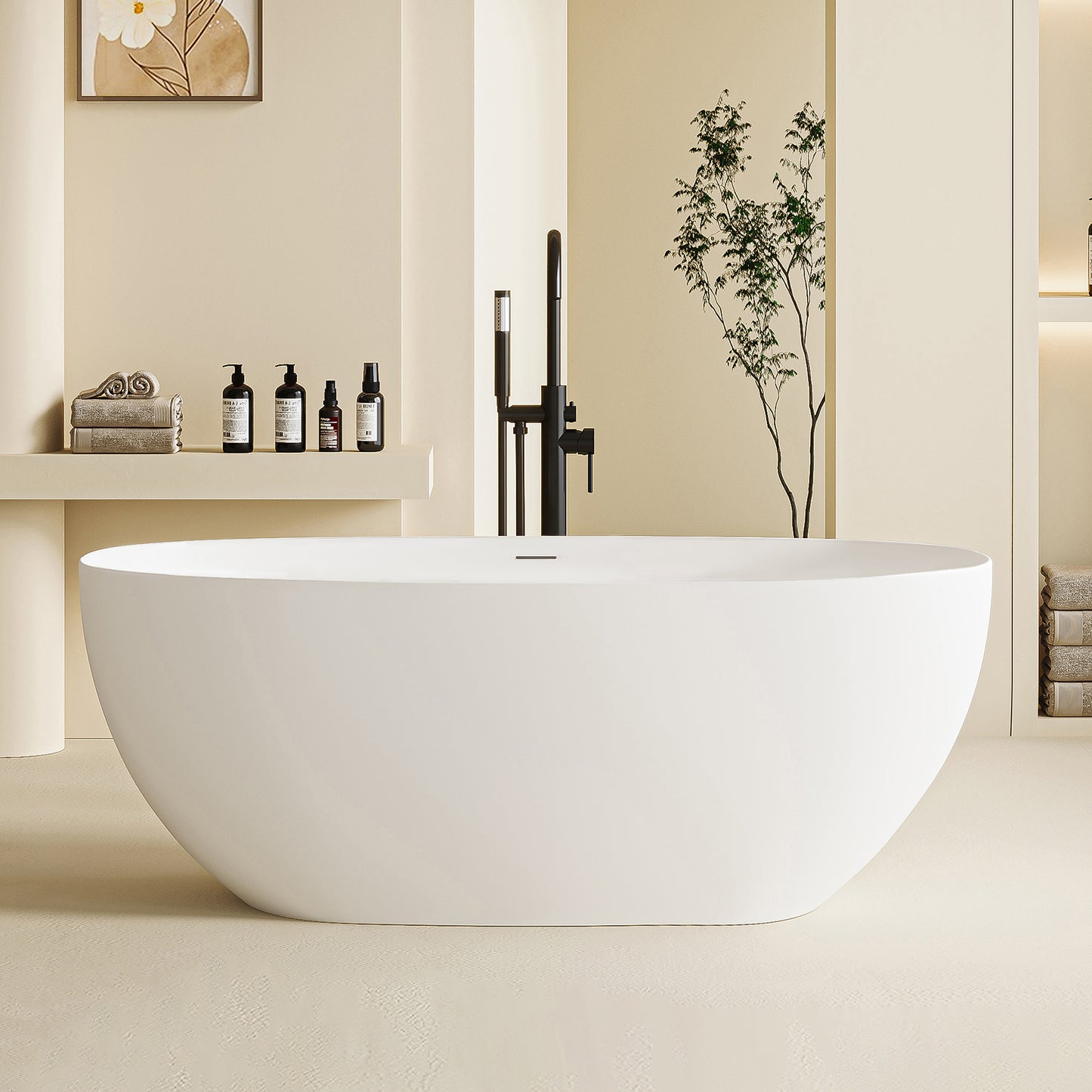 Freestanding Soaking Solid Surface Bathtub in White