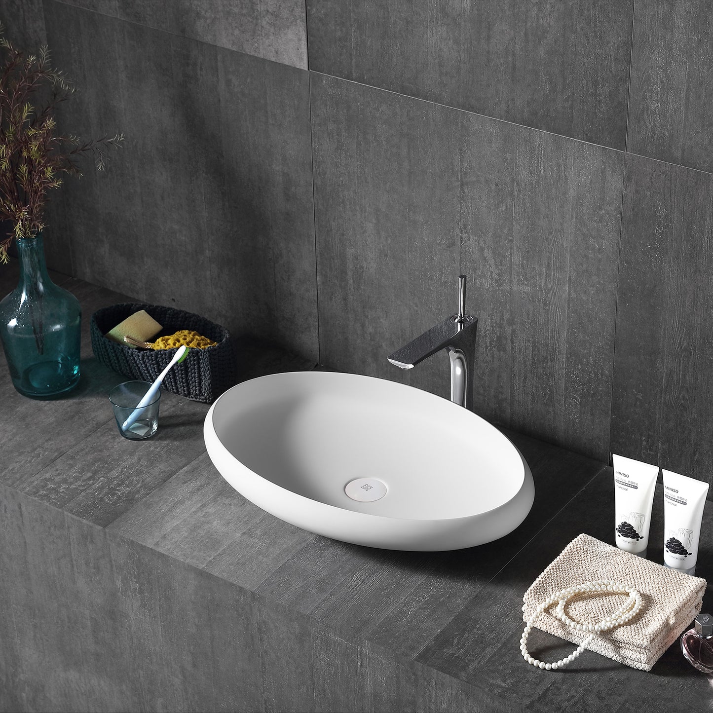 Matte White Handmade Oval Vessel Bathroom Sink 23" L x 15" W x 4" H