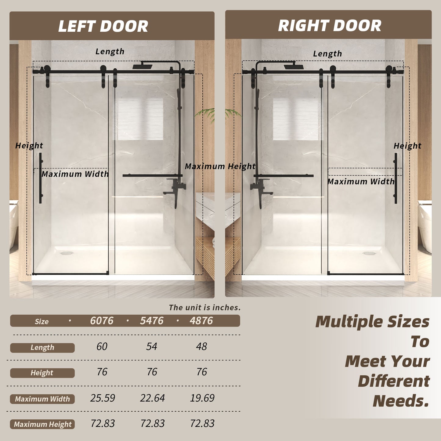 76" H Frameless Sliding Shower Door with 5/16" Clear Tempered Glass