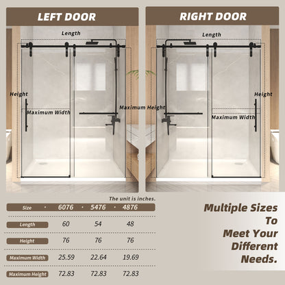 76" H Frameless Sliding Shower Door with 5/16" Clear Tempered Glass