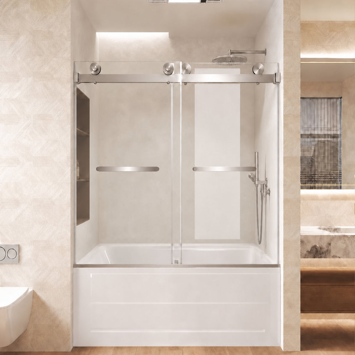 56 to 60 inch wide x 62 inch high frameless double sliding shower door with 8mm tempered glass