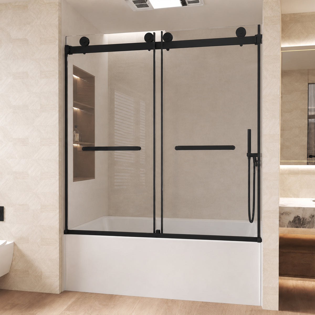 frameless double sliding shower door shown in brushed nickel with stainless steel handles