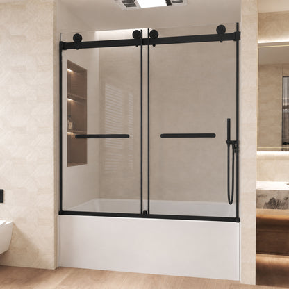 frameless double sliding shower door shown in brushed nickel with stainless steel handles