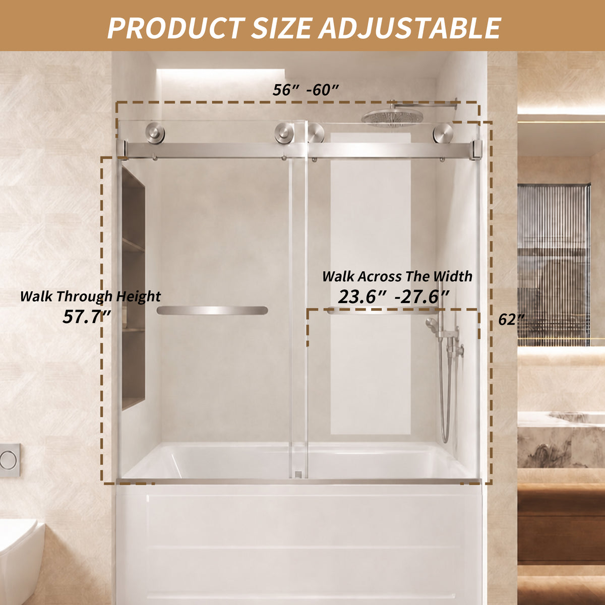 brushed gold frameless shower door track and handles detail