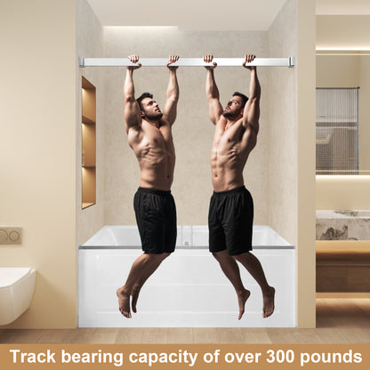 frameless double sliding shower door installed in an alcove tub