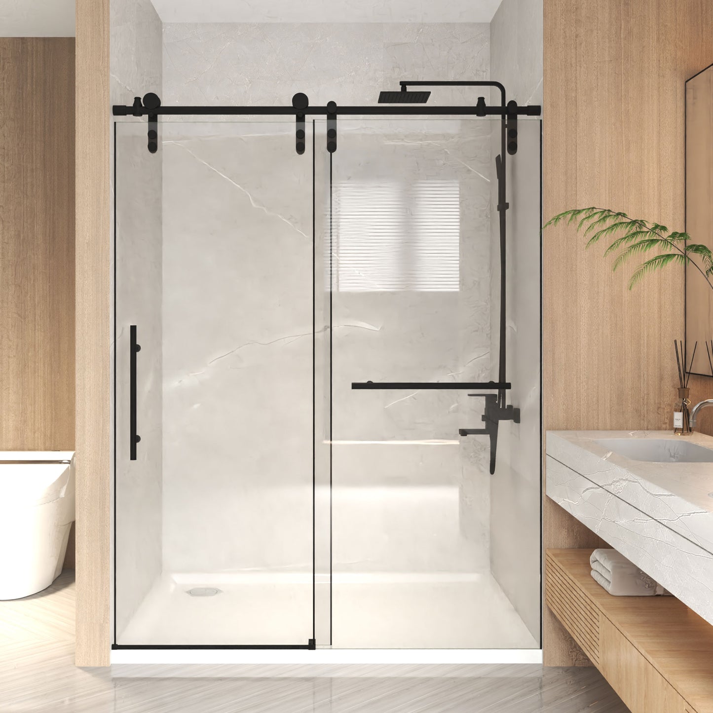 76" H Frameless Sliding Shower Door with 5/16" Clear Tempered Glass