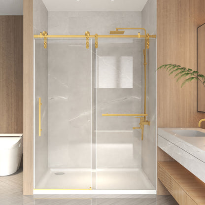frameless barn style sliding shower door with brushed gold hardware and 8mm tempered glass