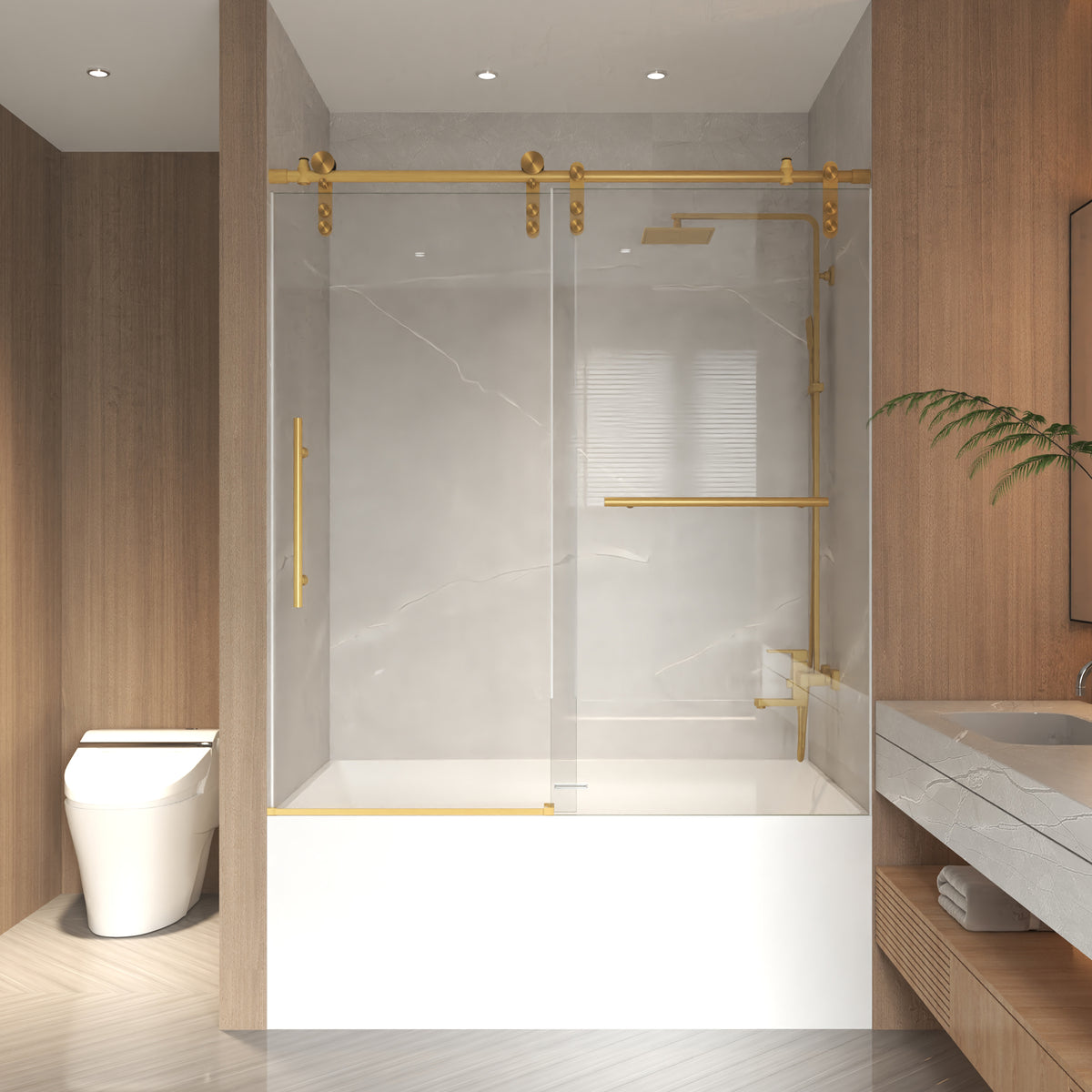 brushed gold barn door roller track on a frameless shower door
